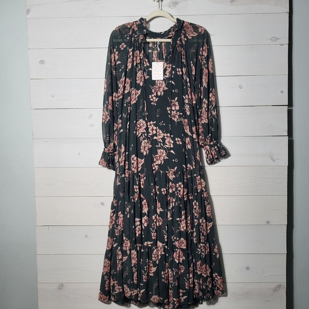 NWT Free People Maxi Dress Feeling Groovy Floral Forest Green Combo BOHO Hippie.